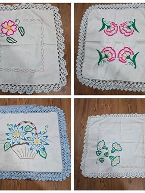 Hand-Embroidered Floral Doilies Set - White with Pink, Green, Blue Accents